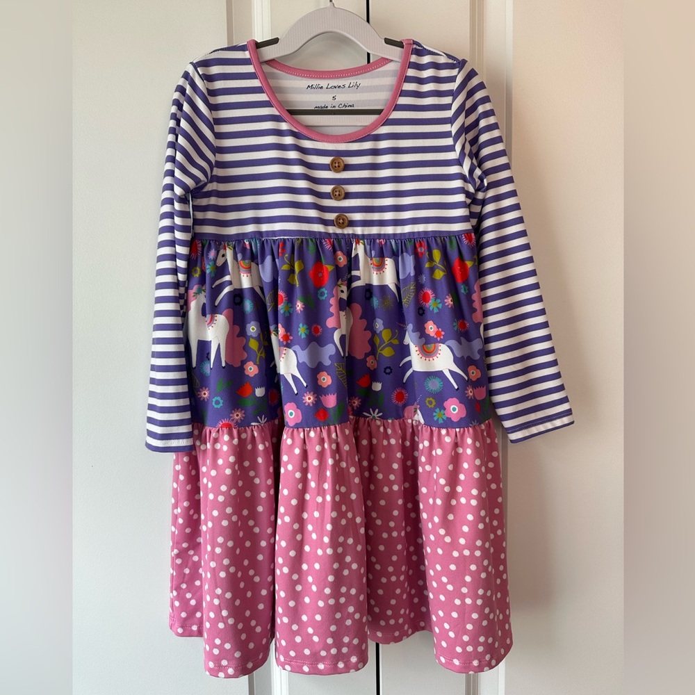 Millie Loves Lily Striped Polka Dot Unicorn Dress (Size 5)